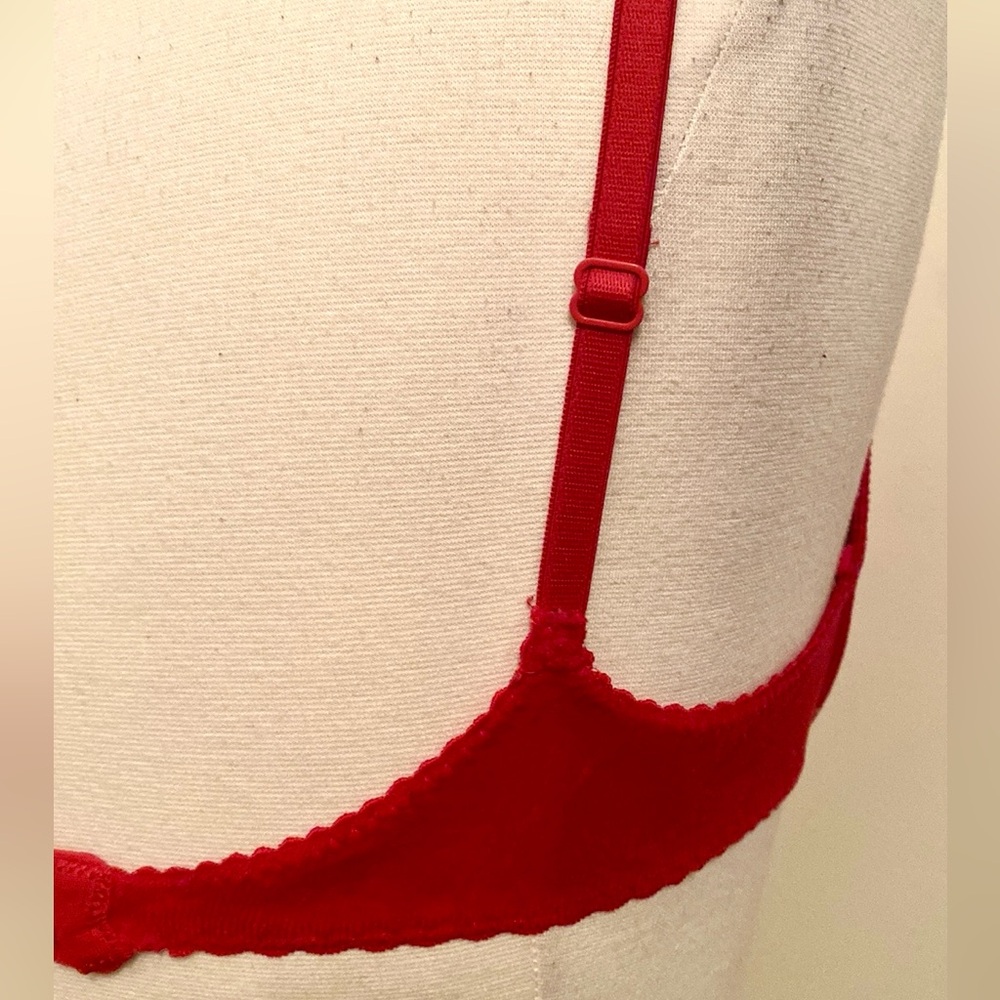 Victoria’s Secret Country Vintage 1990s Red Black Rose Trim Velour Bra Size 34C - Picture 9 of 12